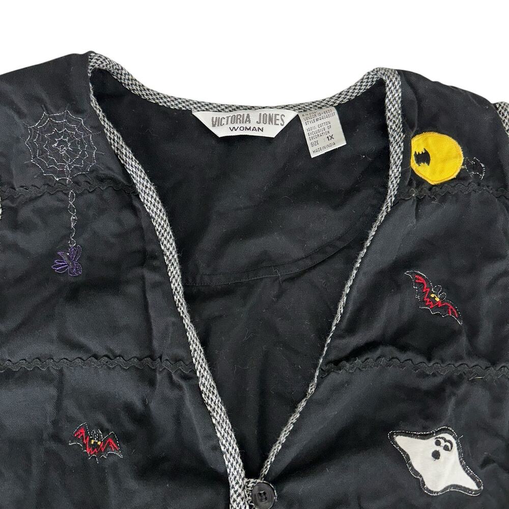 Vintage Womens Vest Size 1X Black Halloween Pumpkins Ghost Cat Witch Embroidered - Picture 5 of 12
